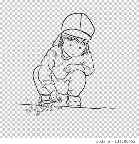 園庭で花を見つける子どもの線画イラスト｜Line drawing of a child findin 133100452