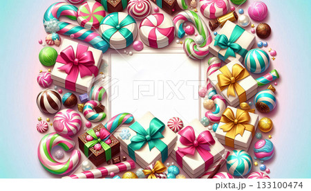 Christmas candy and gift elements scattered lightly, white text area Christmas candy and gift elements scattered lightly, white text area 133100474