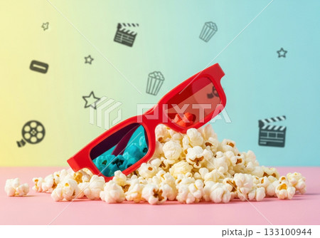 ポップコーンと3dメガネの映画イメージ ポップコーンと3dメガネの映画イメージ 133100944