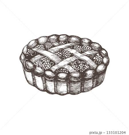 Hand-drawn vector illustration of a berry pie. Detailed vintage bakery sketch perfect for menus, packaging, labels, cafes, recipes, and food designs. Rustic dessert engraving style. Hand-drawn vector illustration of a berry pie. Detailed vintage bakery sketch perfect for menus, packaging, labels, cafes, recipes, and food designs. Rustic dessert engraving style. 133101204