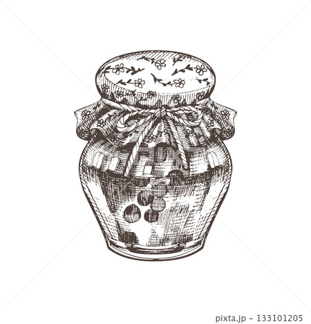 Vintage vector illustration of a jam jar with fabric cover and bow, drawn in detailed ink line art. Perfect for homemade jam labels, kitchen prints, rustic packaging, and cottagecore designs. 133101205