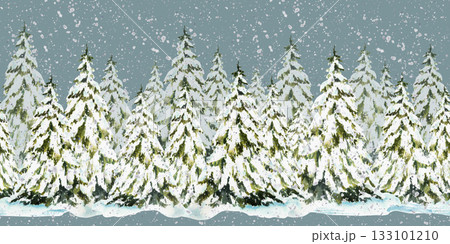 Realistic Spruce tree snow covered and snowfall seamless border. Snowy winter Christmas fir. Hand drawn watercolor illustration isolated pattern from coloured background for fabric, packaging design. Realistic Spruce tree snow covered and snowfall seamless border. Snowy winter Christmas fir. Hand drawn watercolor illustration isolated pattern from coloured background for fabric, packaging design. 133101210