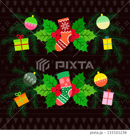 Holly Christmas plant, fir branches, Christmas stocking and decoration design Holly Christmas plant, fir branches, Christmas stocking and decoration design 133101236