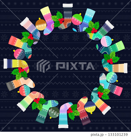 Round frame made of Christmas stockings, Christmas tree baubles and Christmas holly design 133101239