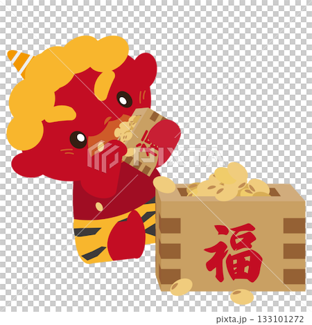 圖:一隻紅色惡魔在小盒子裡吃節分豆 圖:一隻紅色惡魔在小盒子裡吃節分豆 133101272