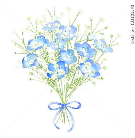 ネモフィラとカスミソウの花束の水彩イラスト ネモフィラとカスミソウの花束の水彩イラスト 133101543