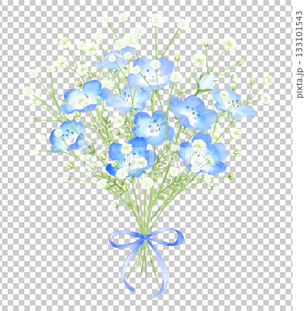 Watercolor illustration of a bouquet of nemophila and gypsophila 133101543