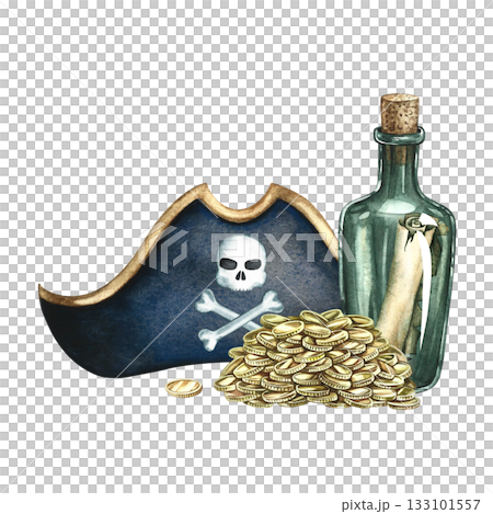 Pirate theme. A triangular hat, a pile of gold coins, and a scroll in a bottle. A hand-drawn watercolor illustration. For children's games and celebrations. For stickers, posters, and banners. 133101557