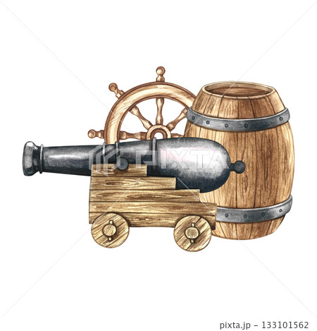 An old ship's cannon, rudder, and barrel. Hand-drawn watercolor illustration. For children's games and celebrations. For stickers, posters, banners, packaging, and more. An old ship's cannon, rudder, and barrel. Hand-drawn watercolor illustration. For children's games and celebrations. For stickers, posters, banners, packaging, and more. 133101562