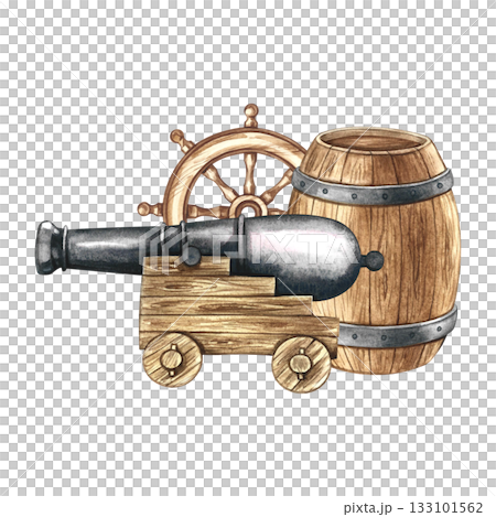 An old ship's cannon, rudder, and barrel. Hand-drawn watercolor illustration. For children's games and celebrations. For stickers, posters, banners, packaging, and more. An old ship's cannon, rudder, and barrel. Hand-drawn watercolor illustration. For children's games and celebrations. For stickers, posters, banners, packaging, and more. 133101562