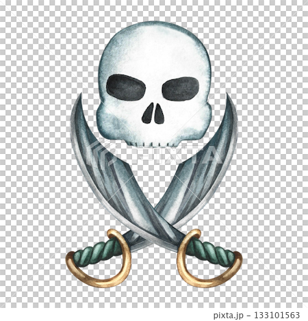 Pirate theme. Skull and crossed cutlasses. Hand-drawn watercolor illustration. Symbol of danger and death for logos, warning signs. For packaging, labels, games, stickers, and more. Pirate theme. Skull and crossed cutlasses. Hand-drawn watercolor illustration. Symbol of danger and death for logos, warning signs. For packaging, labels, games, stickers, and more. 133101563