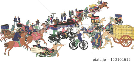 浮世絵　イラスト　明治時代　日本橋 133101613