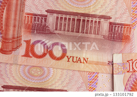 red currency of one hundred yuan used in the China close up, details of different elements of the red banknote 100 yuan red currency of one hundred yuan used in the China close up, details of different elements of the red banknote 100 yuan 133101792