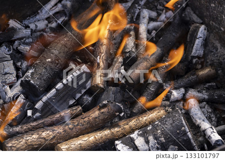 a bonfire made of logs from fruit trees and an orange flame during the preparation of the barbecue for cooking meat, burning logs in the grill for hot coals and roasting meat 133101797