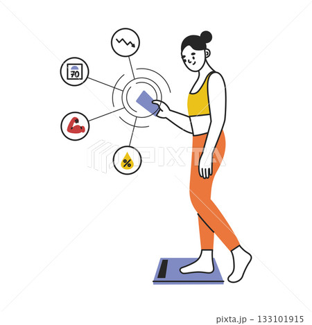 Vector illustration with smart scale and body composition analytics. Flat cartoon woman on scale with smartphone, muscle fat water percentages, progress charts, health tracking theme for fitness 133101915