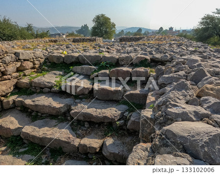 Historic stone steps ascending the Jandial temple mound at Taxila with ionic column backdrop Historic stone steps ascending the Jandial temple mound at Taxila with ionic column backdrop 133102006