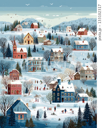 雪に包まれた冬の村のイラスト｜ノスタルジックで温もりあるクリスマス風景 133102317