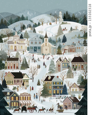 雪に包まれた冬の村のイラスト|ノスタルジックで温もりあるクリスマス風景 雪に包まれた冬の村のイラスト|ノスタルジックで温もりあるクリスマス風景 133102318