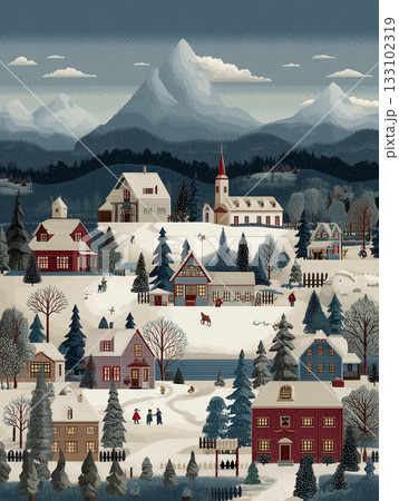 雪に包まれた冬の村のイラスト｜ノスタルジックで温もりあるクリスマス風景 133102319