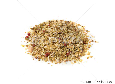 Muesli isolated. Crunchy granola with cereal mix, oat flakes, dry fruits, berries and fiber Muesli isolated. Crunchy granola with cereal mix, oat flakes, dry fruits, berries and fiber 133102459