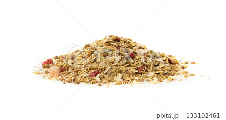 Muesli isolated. Crunchy granola with cereal mix, oat flakes, dry fruits, berries and fiber Muesli isolated. Crunchy granola with cereal mix, oat flakes, dry fruits, berries and fiber 133102461