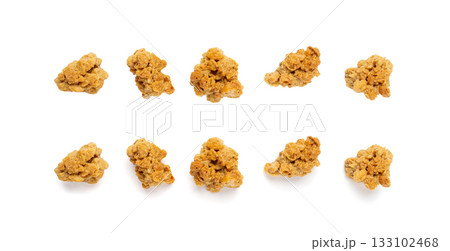 Granola Pile Isolated, Cereal Breakfast with Almonds and Chocolate Chips, Seeds and Oat Flakes 133102468