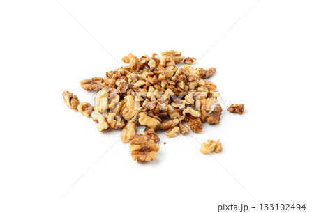 Chopped wallnut , broken roasted walnuts powder, heap of nuts crumbs, whole kernel pieces 133102494