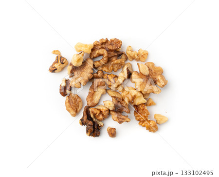 Chopped wallnut , broken roasted walnuts powder, heap of nuts crumbs, whole kernel pieces 133102495