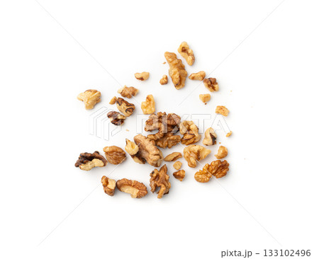 Chopped wallnut , broken roasted walnuts powder, heap of nuts crumbs, whole kernel pieces 133102496