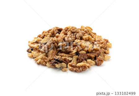 Chopped wallnut , broken roasted walnuts powder, heap of nuts crumbs, whole kernel pieces 133102499