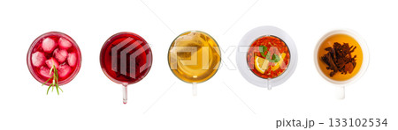 Assorted color tea isolated. Different transparent fruit drinks, Christmas teacup collection 133102534