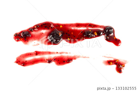 Black currant jam with chili isolated, blueberry chilli pepper marmalade smear, spicy fruit confiture Black currant jam with chili isolated, blueberry chilli pepper marmalade smear, spicy fruit confiture 133102555