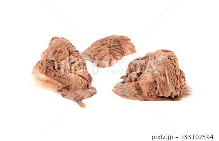 Melted chocolate ice cream isolated, real melting cocoa icecream drops, chocolate ice stain 133102594