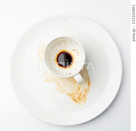 Spilled Soy Sause Leftovers Isolated, Teriyaki Drops on White Plate, Oyster Sauce Smear Texture 133102661
