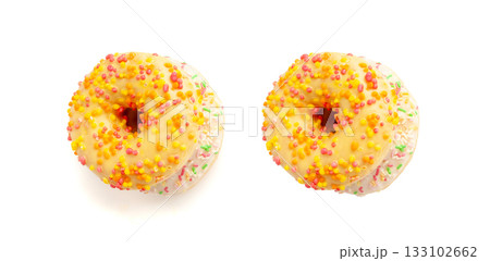 Doughnuts Isolated, Glazed Frosted Donuts with Colorful Sprinkles Doughnuts Isolated, Glazed Frosted Donuts with Colorful Sprinkles 133102662