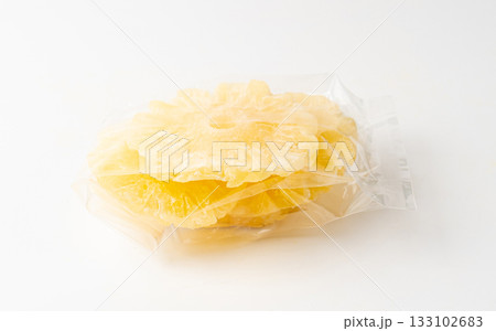 Dry Pineapple Rings Isolated, Candy Pineapples, Dehydrated Yellow Sugar Fruit, Candied Fruits Circles 133102683
