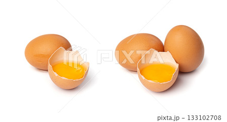 Broken Egg Isolated, Raw Yolk and White, Cracked Brown Shell, Fresh Broken Chicken Eggs on White Background Broken Egg Isolated, Raw Yolk and White, Cracked Brown Shell, Fresh Broken Chicken Eggs on White Background 133102708