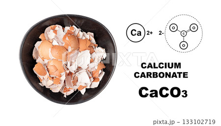 Broken egg shell in bowl as calcium carbonate, crushed eggshell, CaCO3 supplement 133102719
