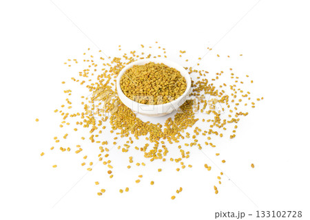 Fenugreek Seeds Isolated, Dry Trigonella, Spicy Methi Dana Grains, Indian Kitchen Seasoning Ingredient Fenugreek Seeds Isolated, Dry Trigonella, Spicy Methi Dana Grains, Indian Kitchen Seasoning Ingredient 133102728