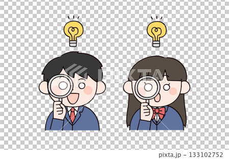 Illustration of two male and female students holding magnifying glasses Illustration of two male and female students holding magnifying glasses 133102752