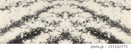 Flour Texture Background, Wheat Flour Pattern with Copy Space, Bakery Banner Mockup, Black Table Plate 133102775