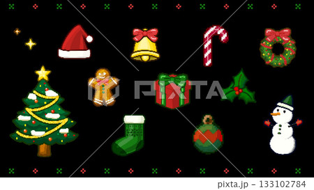 可愛い8bitピクセルのクリスマスアイコンセット(黒背景) 可愛い8bitピクセルのクリスマスアイコンセット(黒背景) 133102784