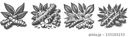 Vintage Hand-Drawn Turmeric Illustration, Root Spice Engraved Vector for Herbal and T-Shirt Design 133103233