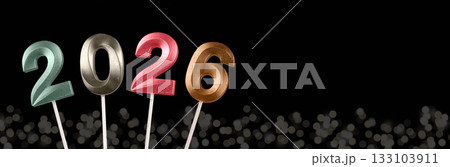 2026 New Year banner. Shiny multicolored lights and twinkling numbers glowing on black background, 133103911