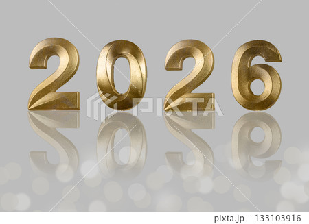 2026 New Year eve celebration. Shimmering golden numbers with glossy metallic shine, twinkling 133103916