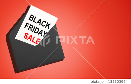 Black Friday sale banner. Open envelope with letter inside, stylish announcement design for holiday Black Friday sale banner. Open envelope with letter inside, stylish announcement design for holiday 133103934