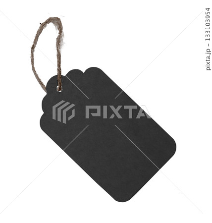 Black tag label. Blank rectangular cardboard price badge with loop and twine, hanging for fashion 133103954