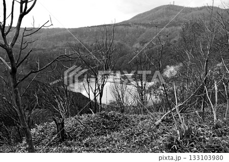 登別温泉　乳白色の「大湯沼」と晩秋の山々「白黒」 133103980