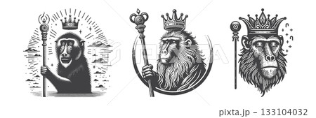 Vintage Hand-Drawn Baboon Wearing Crown King Vintage Hand-Drawn Baboon Wearing Crown King 133104032