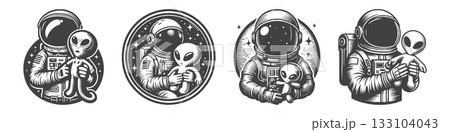 Vintage Hand-Drawn Astronaut Holding Alien  133104043